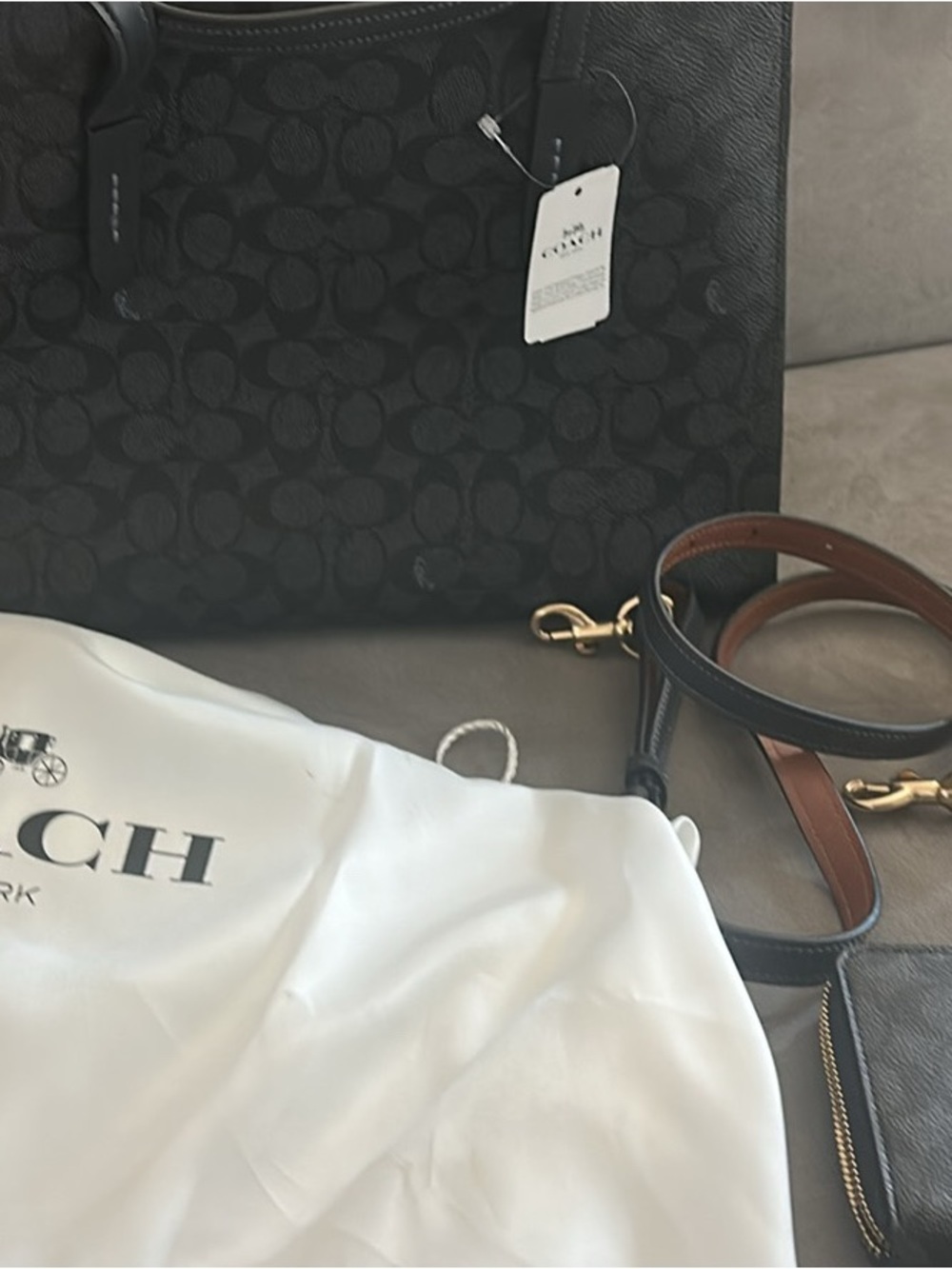 Coach Black Signature Canvas Tote with Brown Leather Strap and Gold Hardware